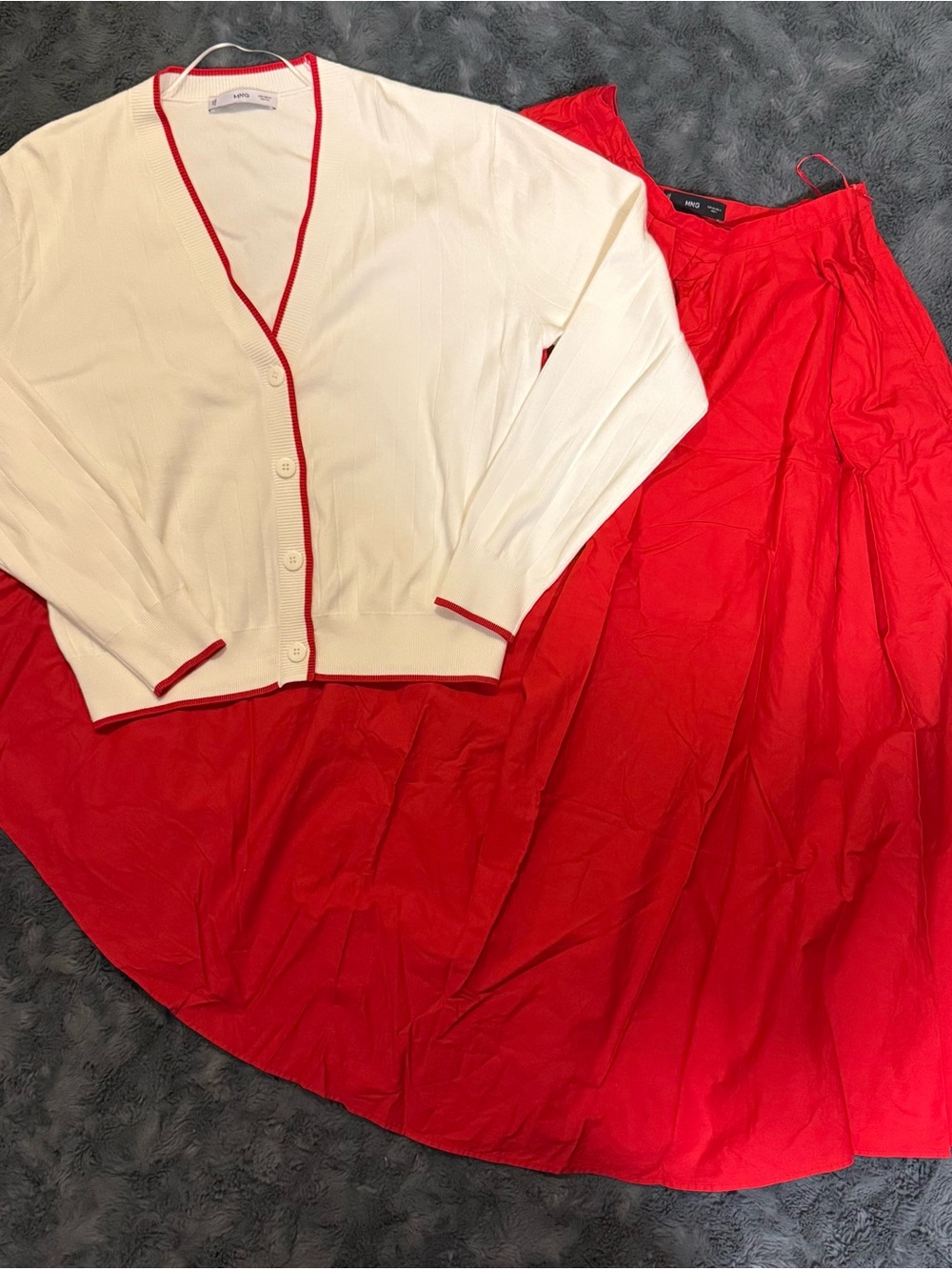 White Cardigan and Red Maxi Skirt Set - Officially Bought From Spain